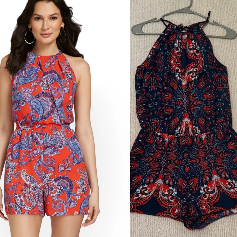 Navy and Red Paisley Romper One Piece